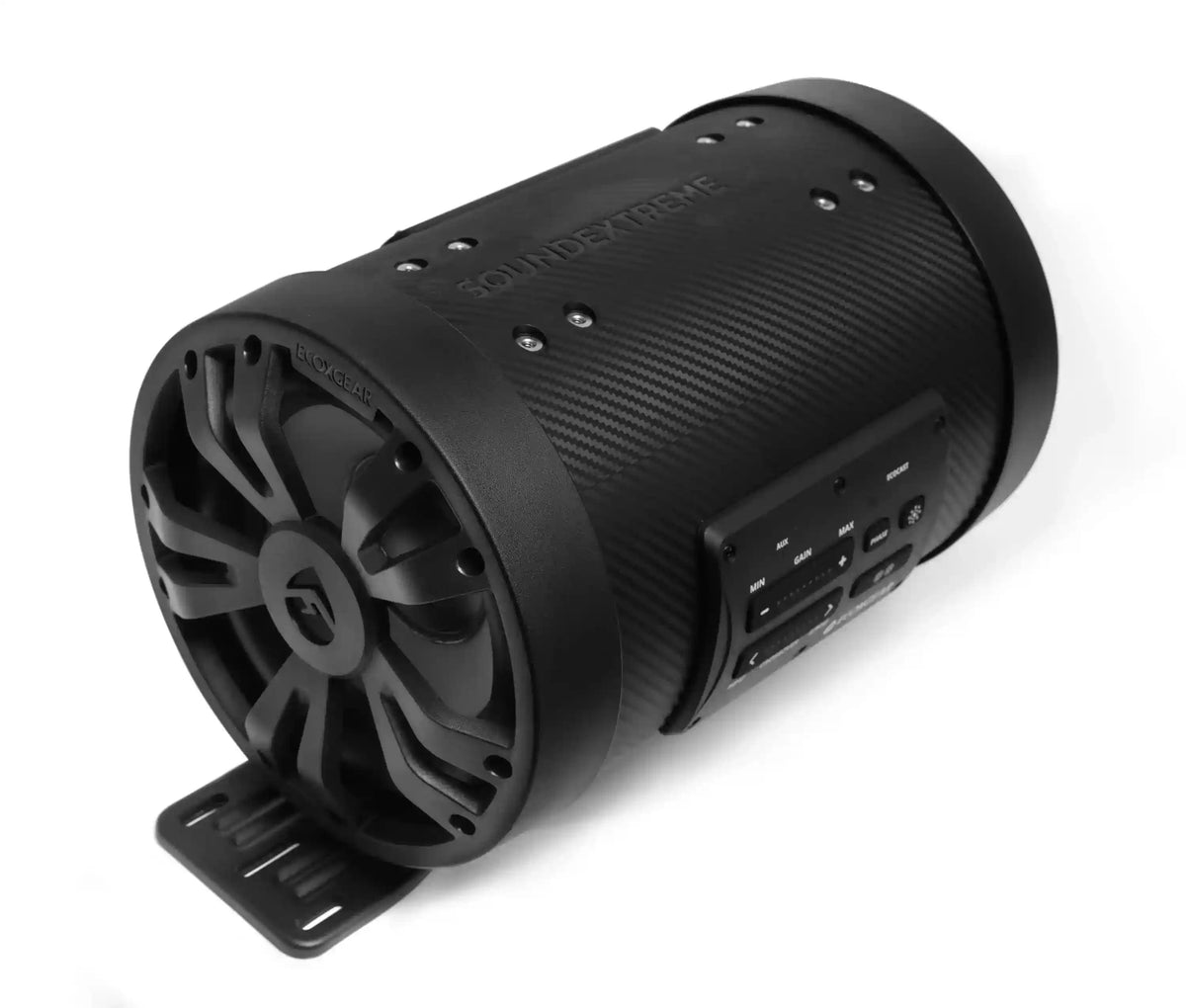 Black cylindrical speaker with brand logo on a white background
