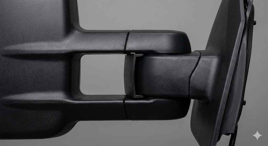 Close up of MSA Power Fold Towing Mirror with the TMA050 infill panel covering the slide rail.
