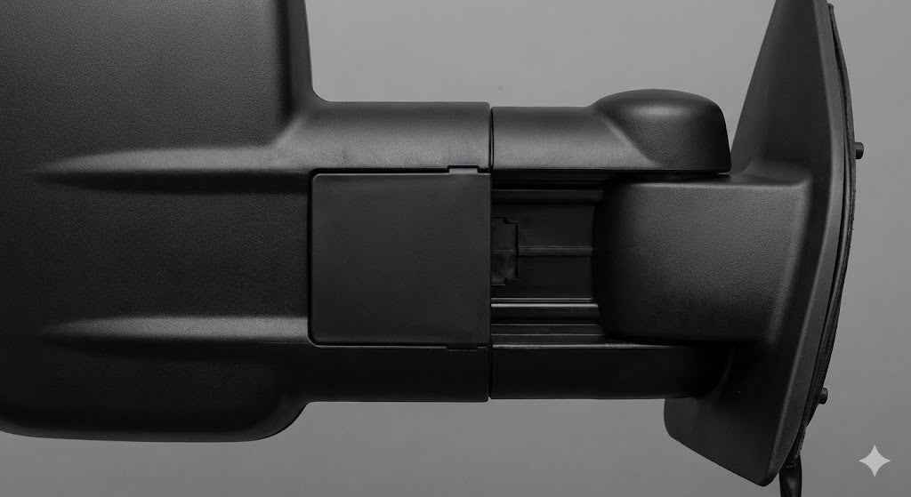 Close up of MSA Towing Mirror arm with black plastic extension infill fitted.