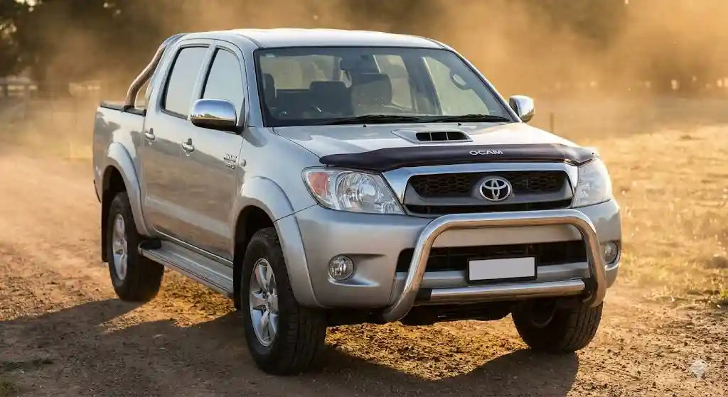 Front view of Silver Toyota Hilux SR5 (2004 Model) with OCAM Bonnet Protector installed.