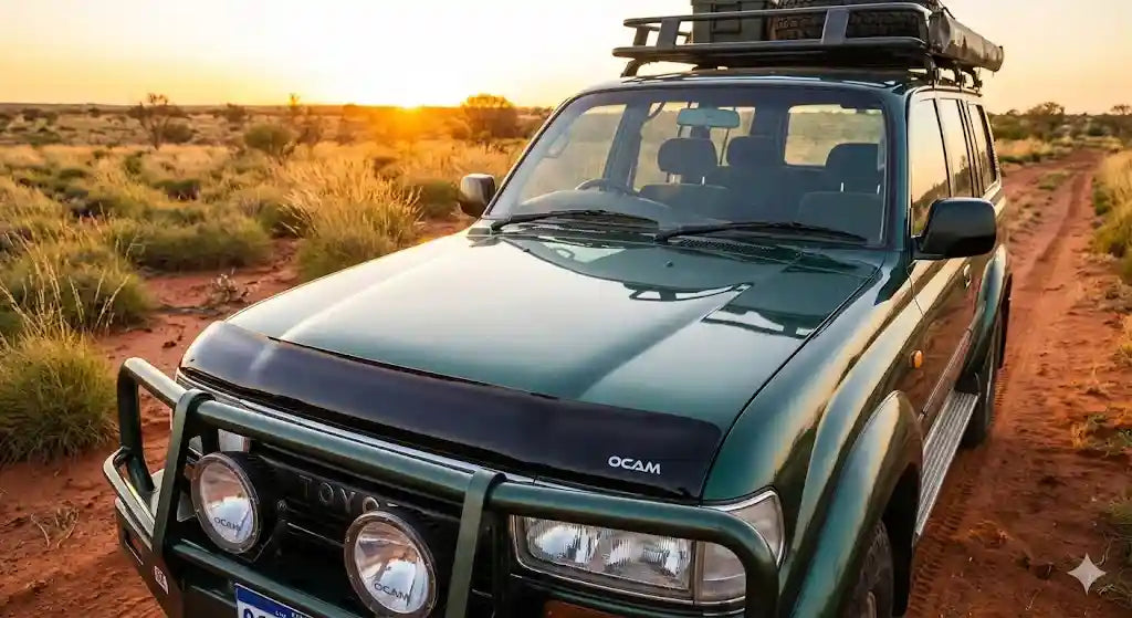 Front view of Dark Green Toyota LandCruiser 80 Series GXL with OCAM Bonnet Protector installed.