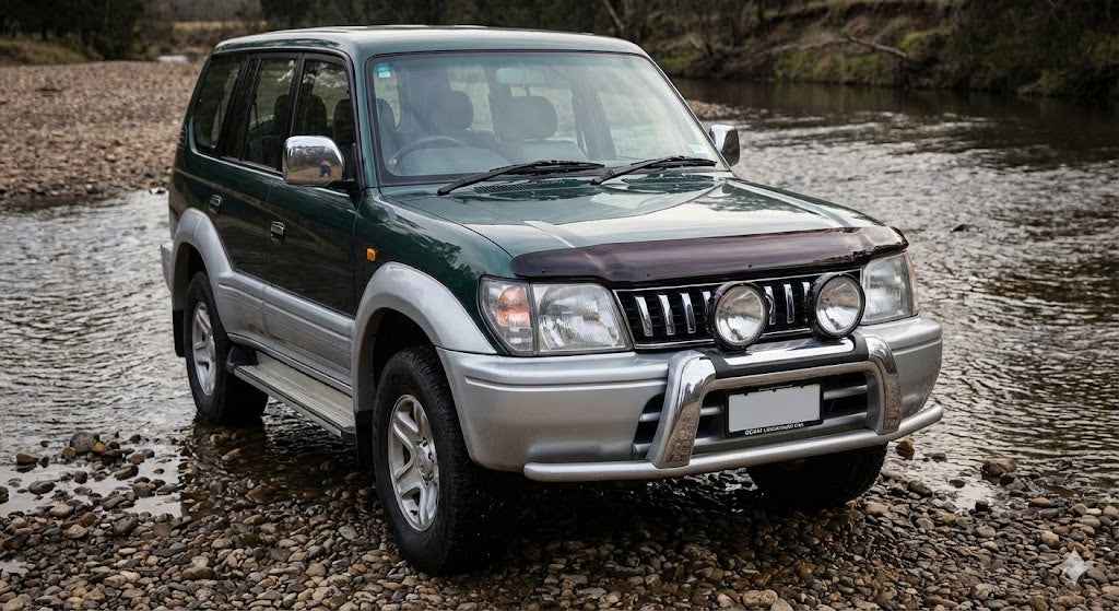 Front view of Green and Silver Toyota Prado 90 Series GXL with OCAM Bonnet Protector installed.