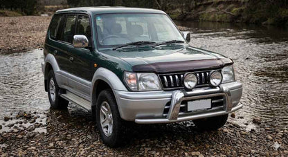 Front view of Green and Silver Toyota Prado 90 Series GXL with OCAM Bonnet Protector installed.
