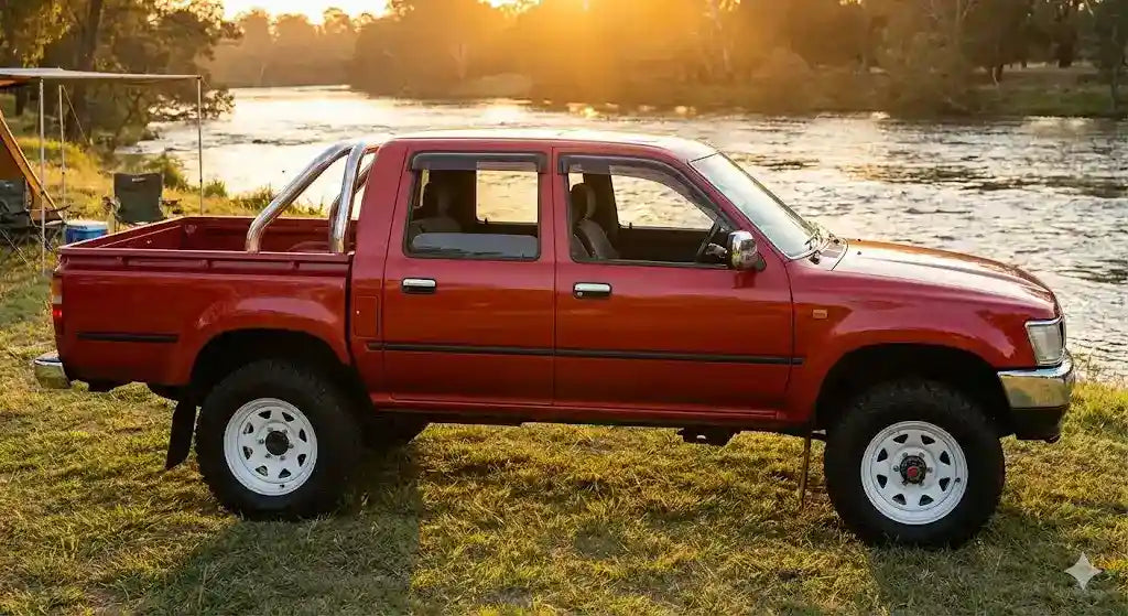 Side profile of Red 1994 Toyota Hilux Dual Cab with OCAM weather shields installed.