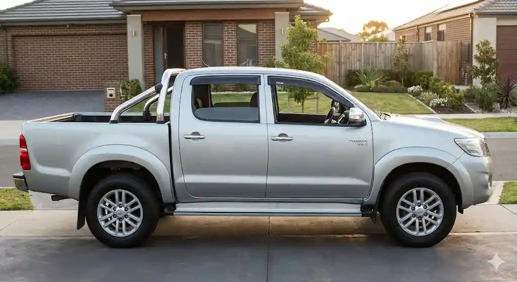 Side profile of Silver Sky Toyota Hilux N70 SR5 Dual Cab (2014 Model) with OCAM weather shields installed.