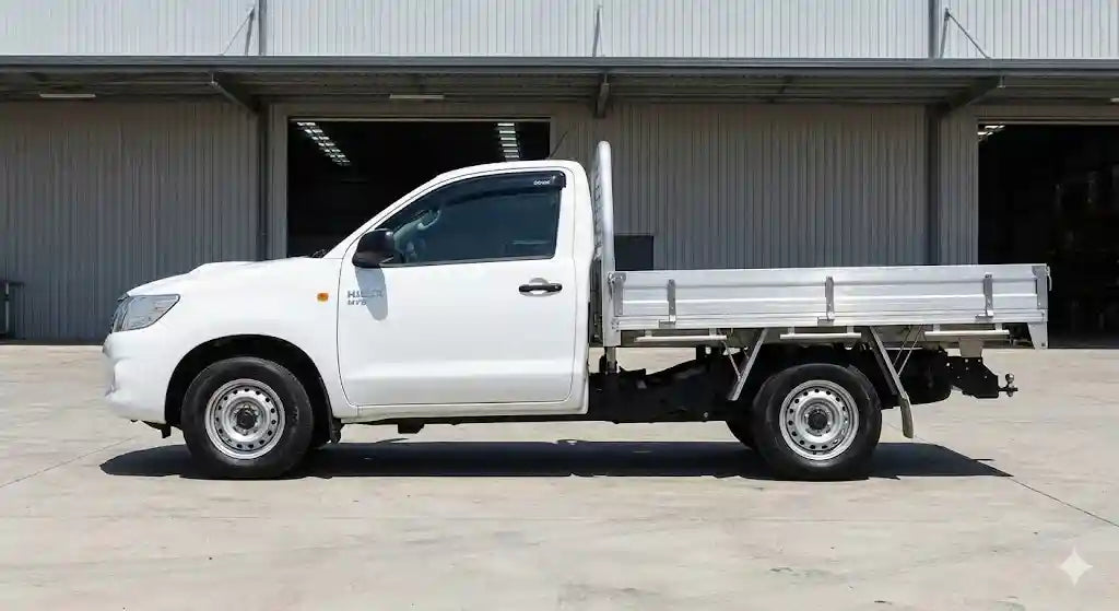 Side profile of White Toyota Hilux N70 Single Cab with OCAM weather shield on driver door.