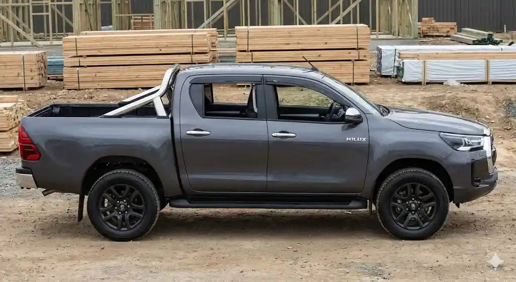 Side profile of Graphite Grey Toyota Hilux N80 SR5 Dual Cab with OCAM weather shields installed.