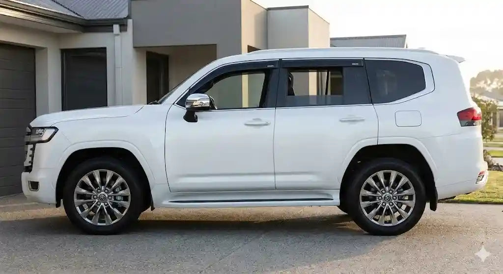 Side profile of Pearl White Toyota LandCruiser 300 Series Sahara ZX with OCAM weather shields installed.