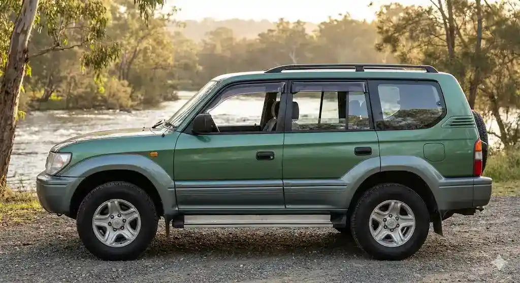 Side view of Green Toyota Prado 95 Series GXL with OCAM weather shields installed on all four doors.
