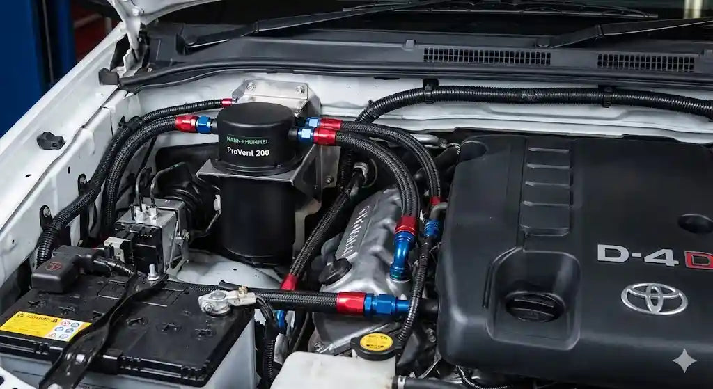 roVent 200 Catch Can Kit installed in Toyota Hilux N70 1KD engine bay