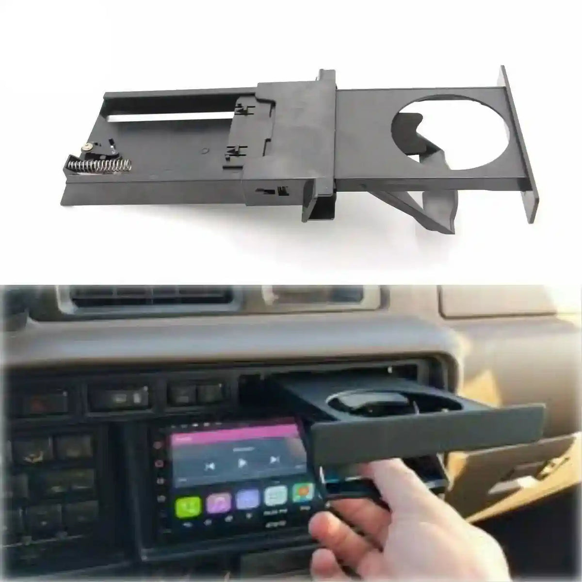 Retractable Cup Holder with a hand demonstrating its use in a vehicle.