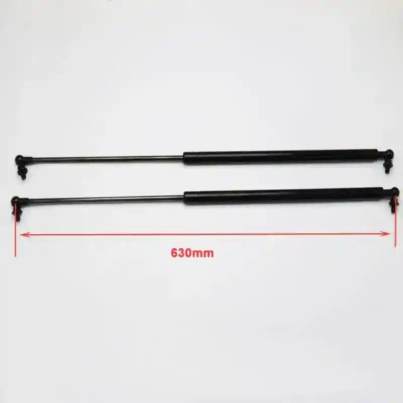 Two black metal Bonnet Struts with a measurement of 630mm on a white background