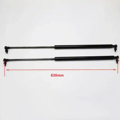 Two black metal Bonnet Struts with a measurement of 630mm on a white background