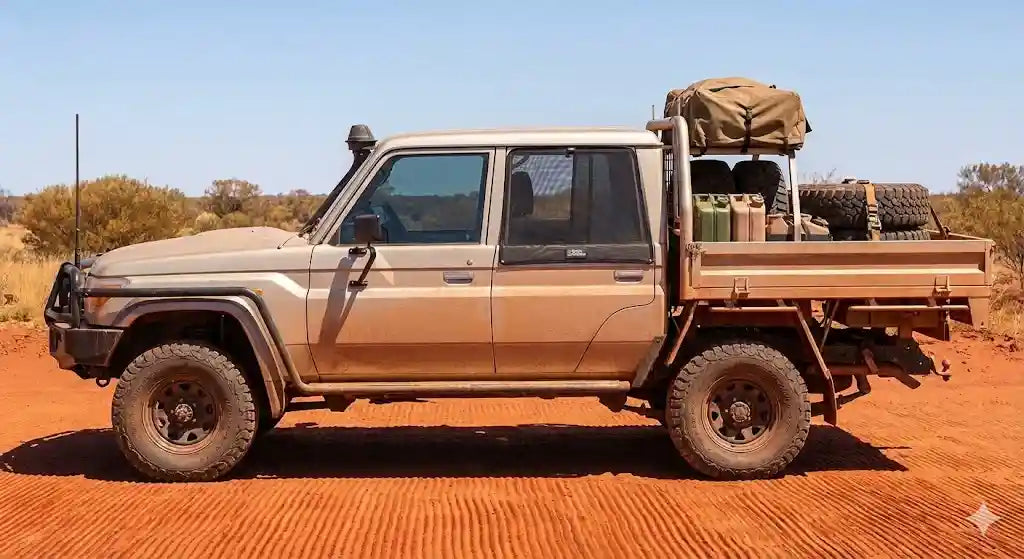 Snap Shades magnetic window shade installed on Toyota LandCruiser 79 Series Dual Cab rear door in the outback