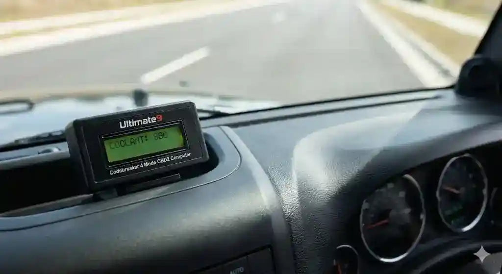 Ultimate9 Codebreaker 4 Mode OBD2 Computer displaying engine coolant temperature on dashboard