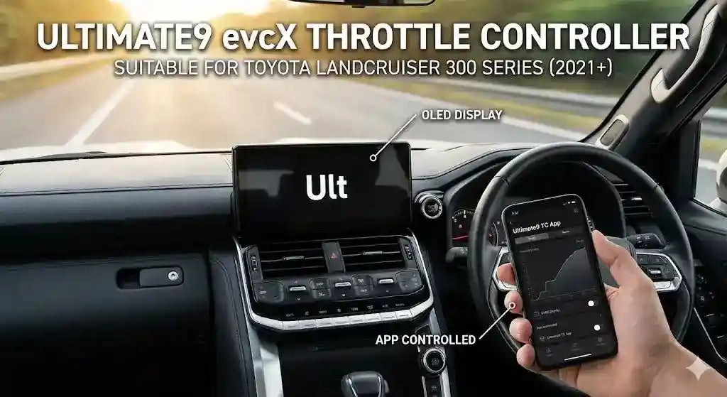 Ultimate9 evcX Throttle Controller installed on Toyota LandCruiser 300 Series dashboard with App Control