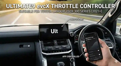 Ultimate9 evcX Throttle Controller installed on Toyota LandCruiser 300 Series dashboard with App Control