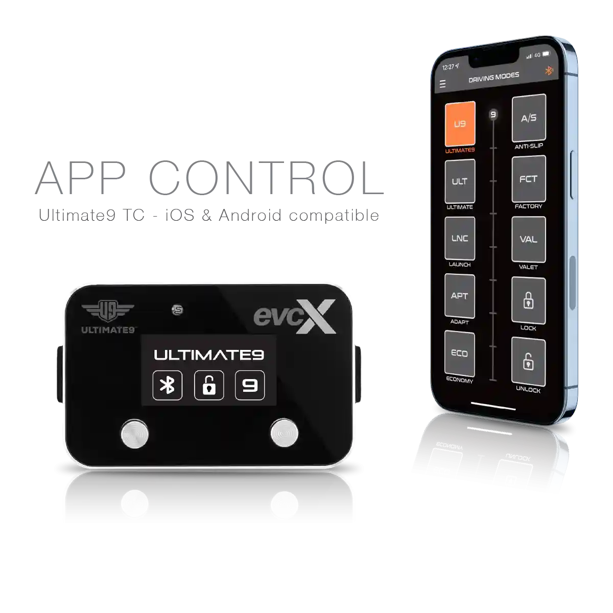 Black electronic device with 'evcX' branding and smartphone displaying app interface on a white background.