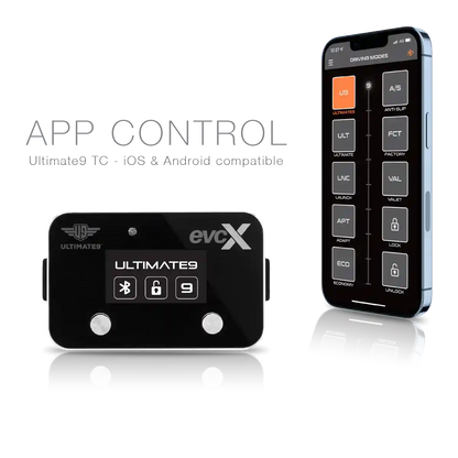 Black electronic device with 'evcX' branding and smartphone displaying app interface on a white background.